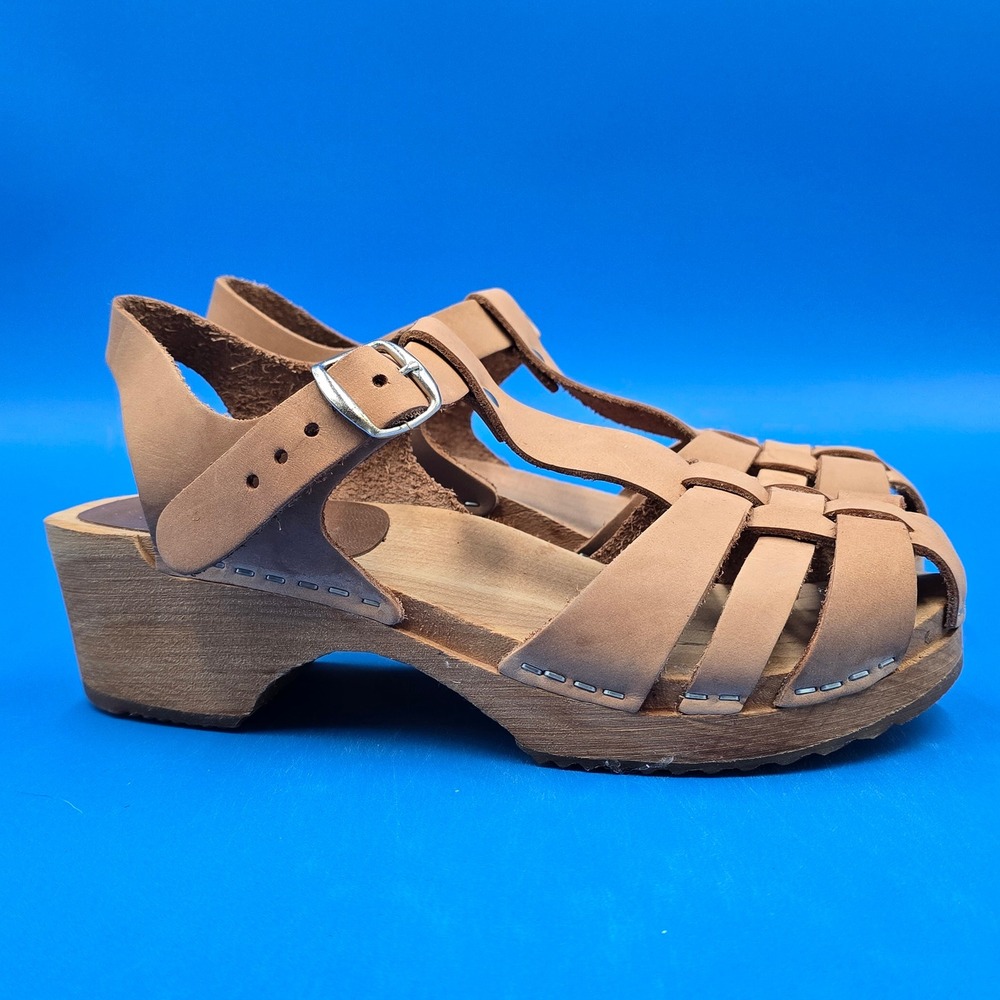 Women's Tan Leather Woven T-Strap Clog Sandal w/Buckle MIA size EU 37 US 7-7.5